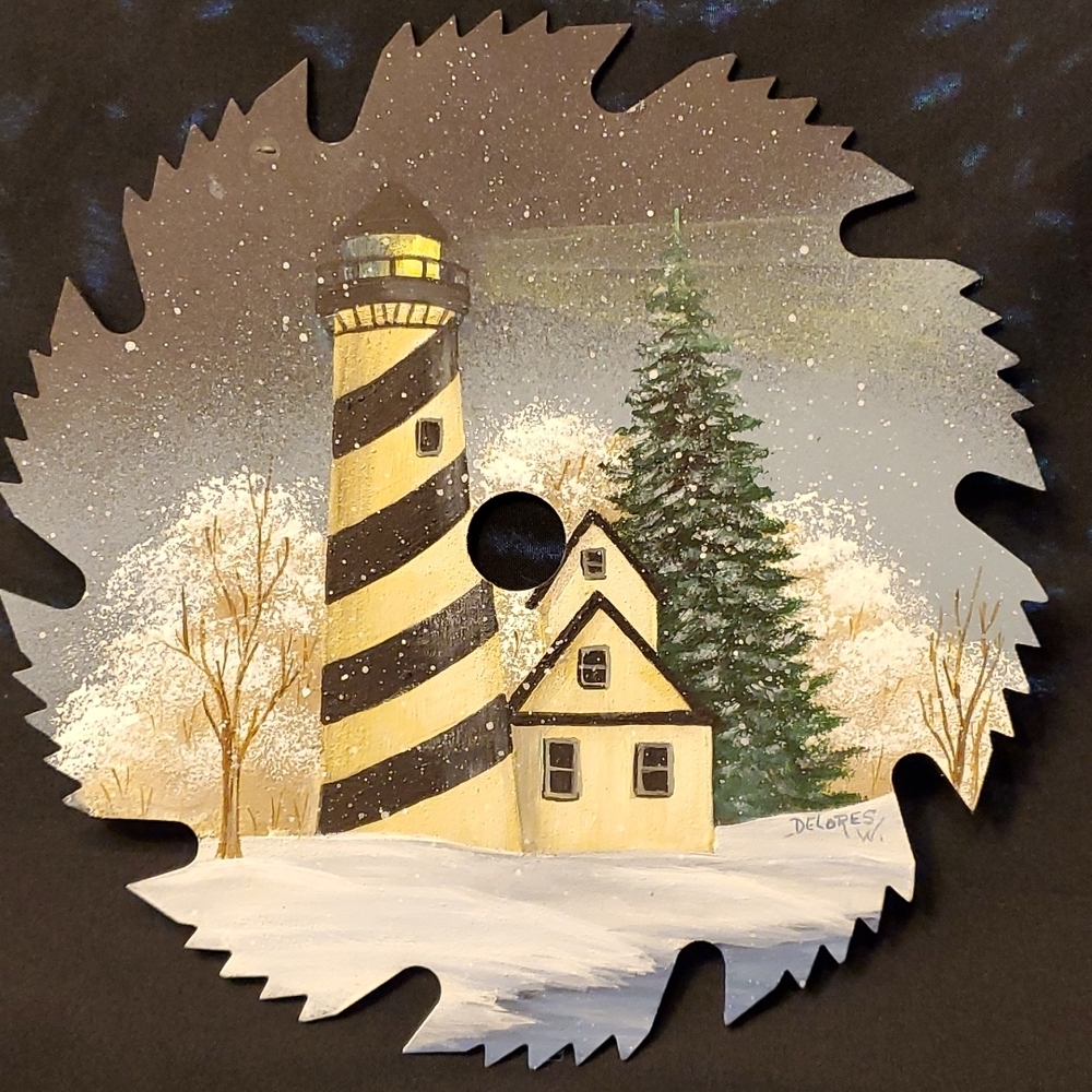 Handpainted Saw Blade with wall hanger 6.5" Winter Lighthouse